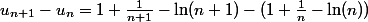 u_{n+1}-u_n=1+\frac{1}{n+1}-\ln (n+1)-(1+\frac{1}{n}-\ln (n))